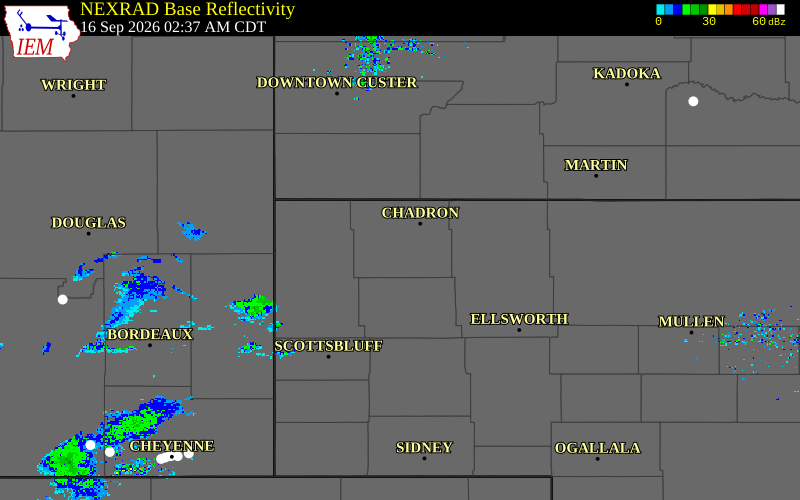 Current NEXRAD radar over Box Butte County, Nebraska with recent storm report locations
