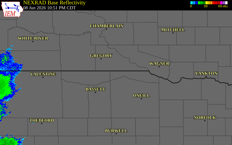 NEXRAD radar during the Monday, June 8, 2026 storm activity in Boyd County, Nebraska