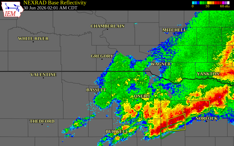 NEXRAD radar during the Tuesday, June 30, 2026 storm activity in Boyd County, Nebraska