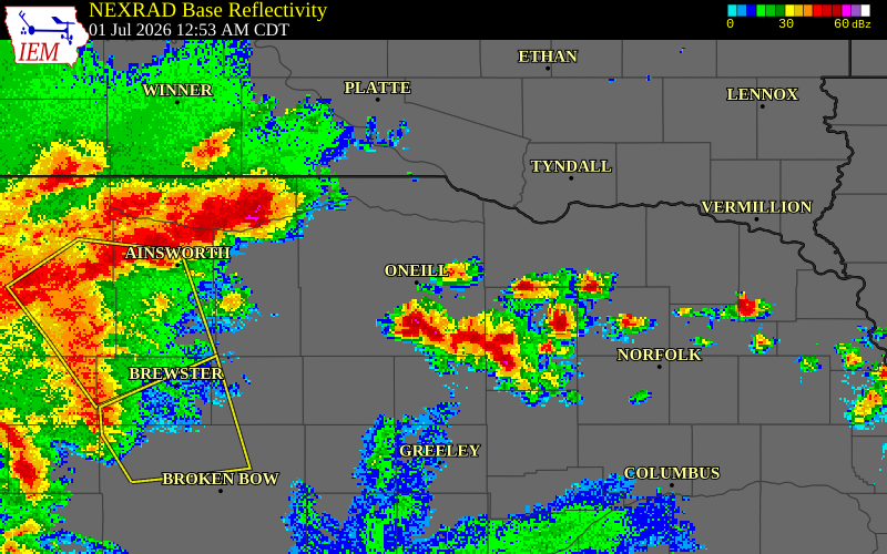NEXRAD radar during the Wednesday, July 1, 2026 storm activity in Boyd County, Nebraska
