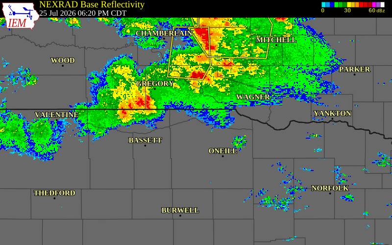 NEXRAD radar during the Saturday, July 25, 2026 storm activity in Boyd County, Nebraska