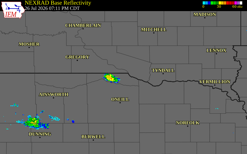 NEXRAD radar during the Sunday, July 26, 2026 storm activity in Boyd County, Nebraska