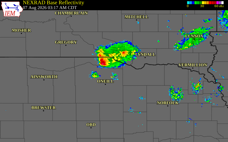NEXRAD radar during the Friday, August 7, 2026 storm activity in Boyd County, Nebraska