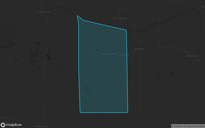Map of Brown County, Nebraska showing the county boundary and surrounding cities