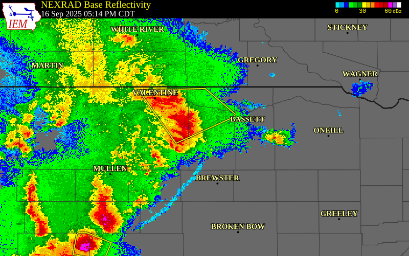 NEXRAD radar during the Tuesday, September 16, 2025 storm activity in Brown County, Nebraska