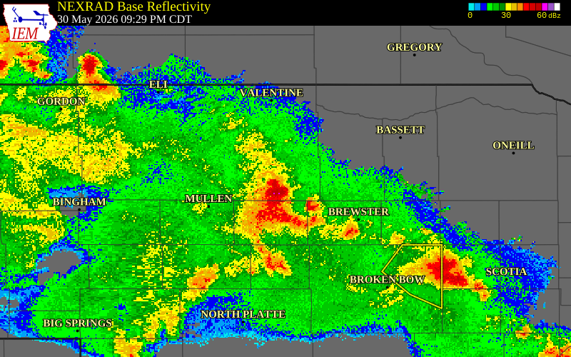 NEXRAD radar during the Saturday, May 30, 2026 storm activity in Brown County, Nebraska