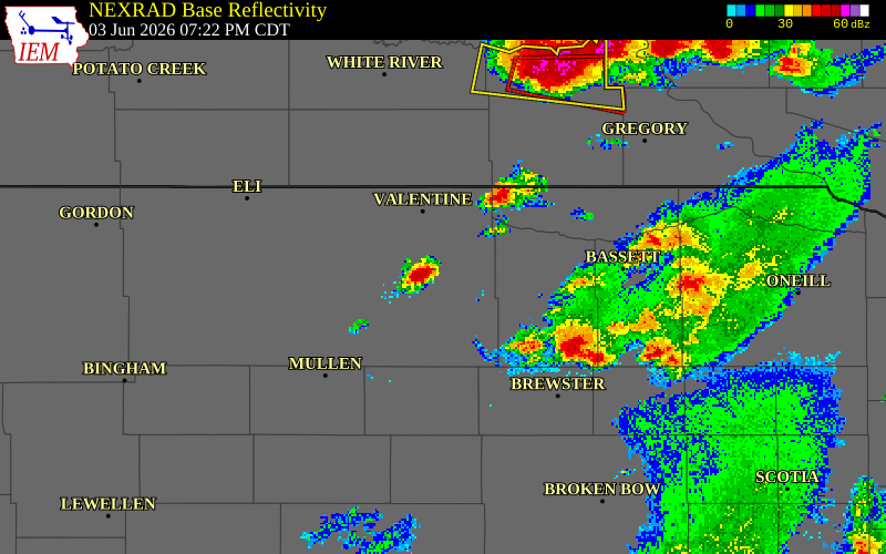 NEXRAD radar during the Wednesday, June 3, 2026 storm activity in Brown County, Nebraska