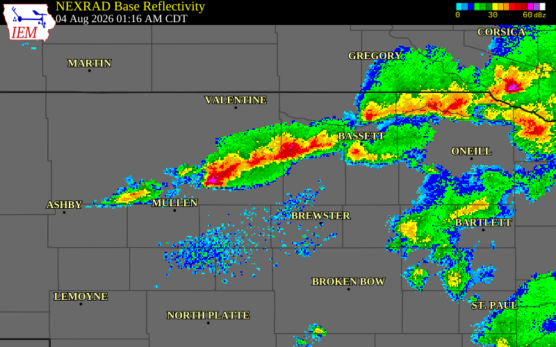 NEXRAD radar during the Tuesday, August 4, 2026 storm activity in Brown County, Nebraska