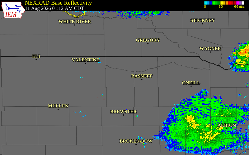 NEXRAD radar during the Tuesday, August 11, 2026 storm activity in Brown County, Nebraska