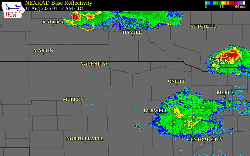 Radar snapshot during the Aug 11, 2026 wind event near 5 N Ainsworth, Brown County, Nebraska, with NWS warning polygons