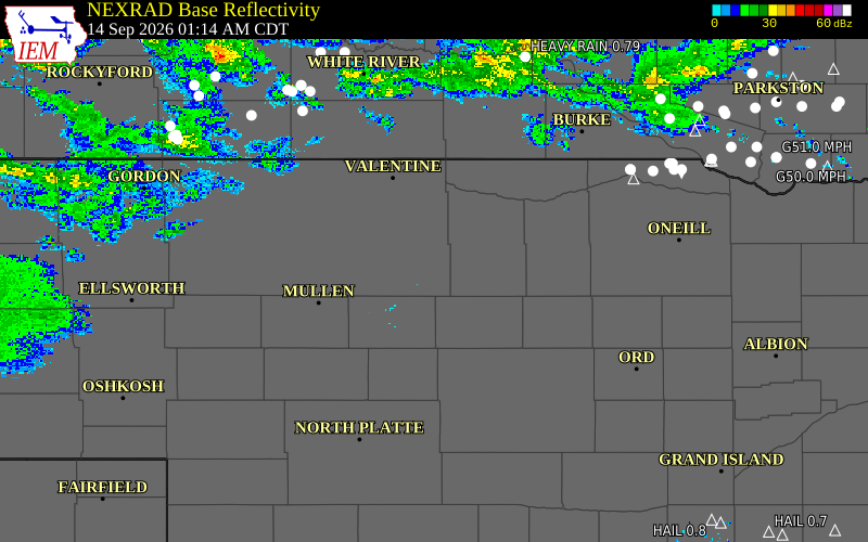 Current NEXRAD radar over Brown County, Nebraska with recent storm report locations