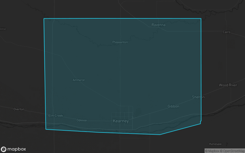 Map of Buffalo County, Nebraska showing the county boundary and surrounding cities
