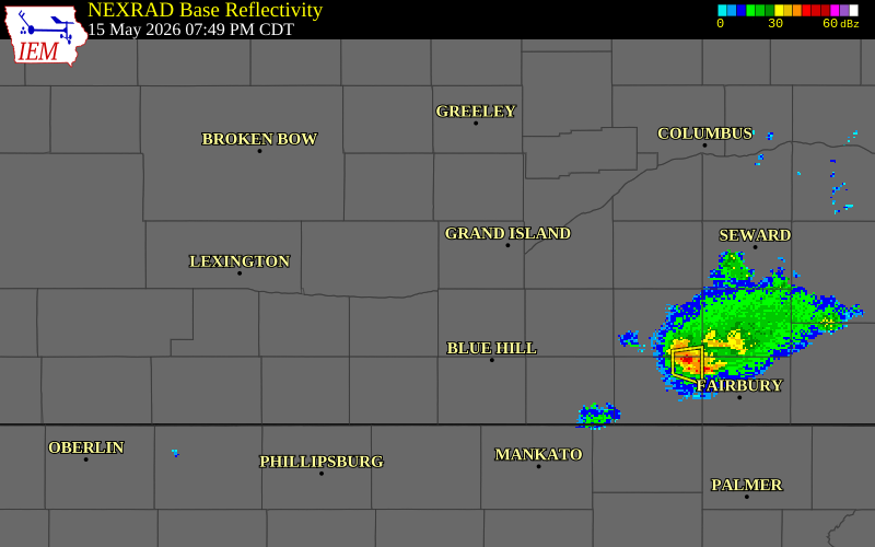 NEXRAD radar during the Friday, May 15, 2026 storm activity in Buffalo County, Nebraska