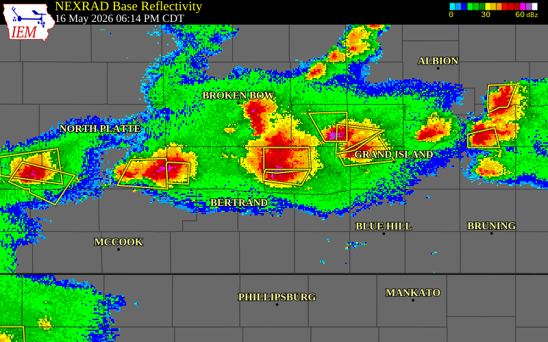 NEXRAD radar during the Saturday, May 16, 2026 storm activity in Buffalo County, Nebraska