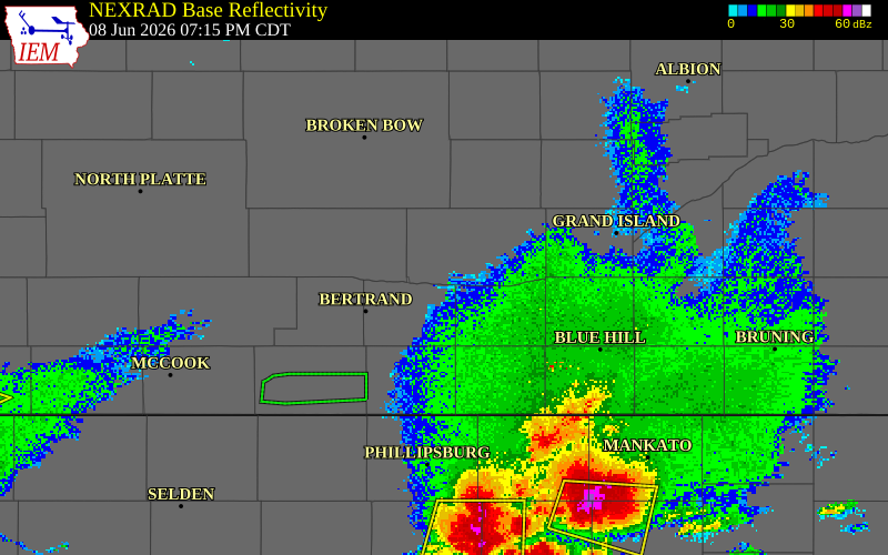 NEXRAD radar during the Monday, June 8, 2026 storm activity in Buffalo County, Nebraska