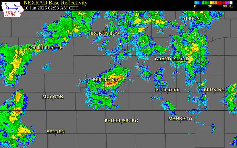 NEXRAD radar during the Wednesday, June 10, 2026 storm activity in Buffalo County, Nebraska