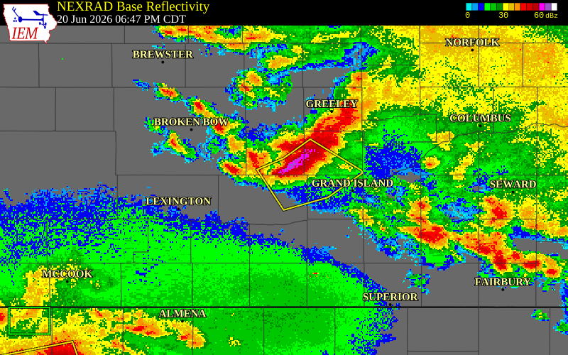 NEXRAD radar during the Saturday, June 20, 2026 storm activity in Buffalo County, Nebraska