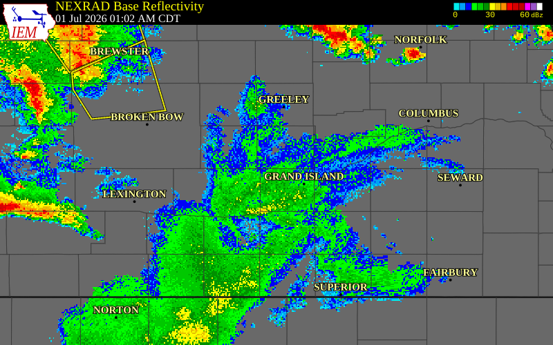 NEXRAD radar during the Wednesday, July 1, 2026 storm activity in Buffalo County, Nebraska