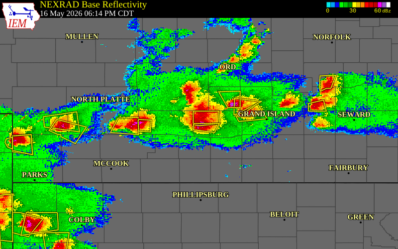 Radar snapshot during the May 16, 2026 hail event near 4 W Amherst, Buffalo County, Nebraska, with NWS warning polygons