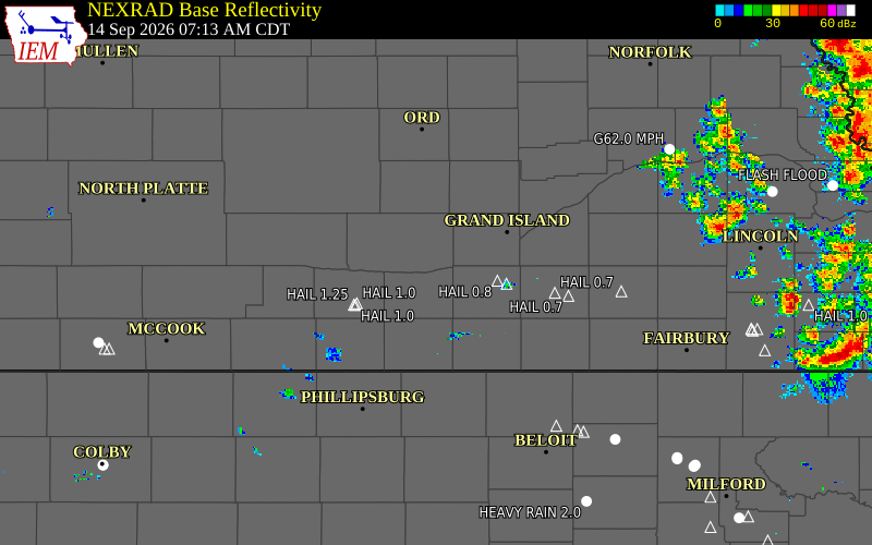 Current NEXRAD radar over Buffalo County, Nebraska with recent storm report locations