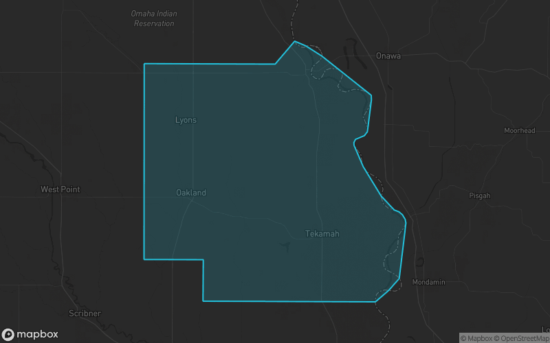 Map of Burt County, Nebraska showing the county boundary and surrounding cities