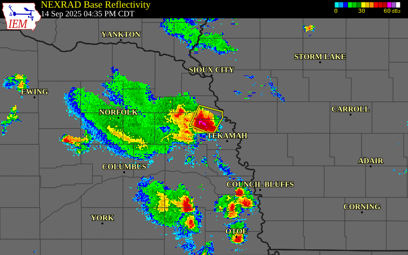 NEXRAD radar during the Sunday, September 14, 2025 storm activity in Burt County, Nebraska