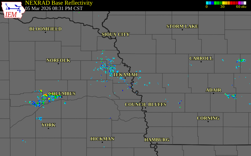 NEXRAD radar during the Thursday, March 5, 2026 storm activity in Burt County, Nebraska