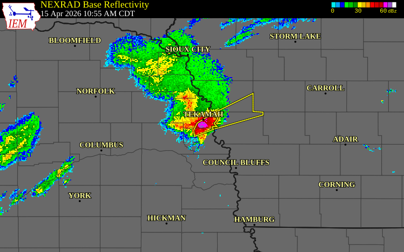 NEXRAD radar during the Wednesday, April 15, 2026 storm activity in Burt County, Nebraska