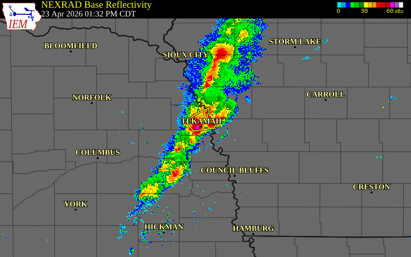 NEXRAD radar during the Thursday, April 23, 2026 storm activity in Burt County, Nebraska