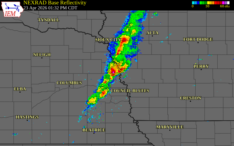 Radar snapshot during the Apr 23, 2026 wind event near 2 ESE Tekamah, Burt County, Nebraska, with NWS warning polygons