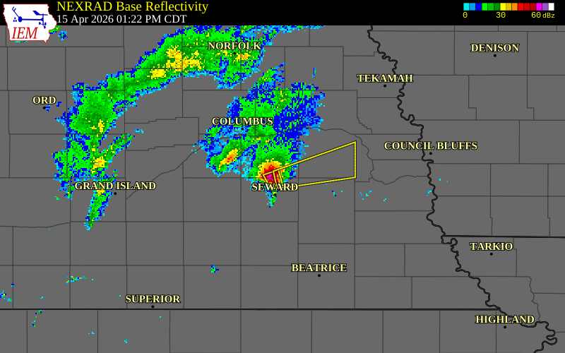 NEXRAD radar during the Wednesday, April 15, 2026 storm activity in Butler County, Nebraska