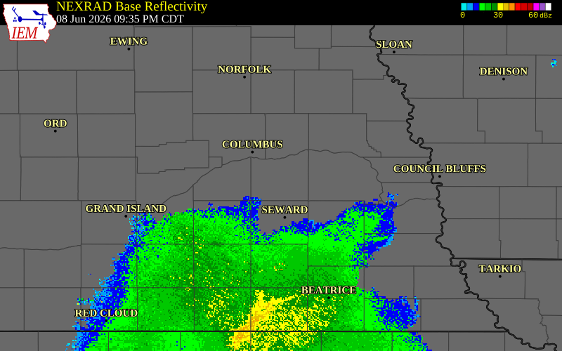 NEXRAD radar during the Monday, June 8, 2026 storm activity in Butler County, Nebraska