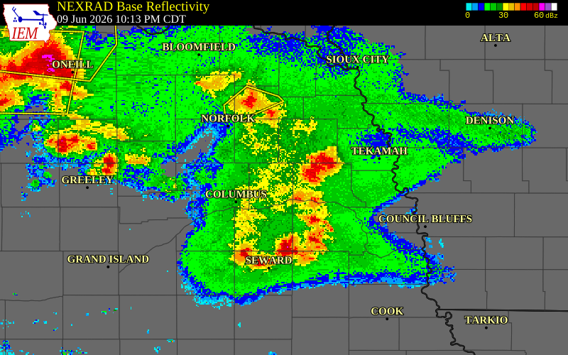 NEXRAD radar during the Tuesday, June 9, 2026 storm activity in Butler County, Nebraska