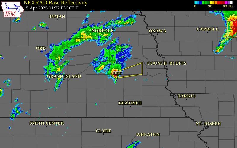 Radar snapshot during the Apr 15, 2026 hail event near 2 SSW Dwight, Butler County, Nebraska, with NWS warning polygons