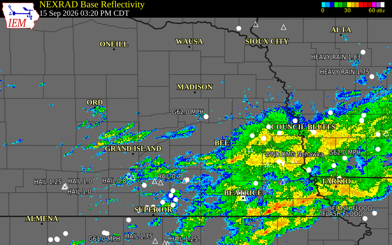 Current NEXRAD radar over Butler County, Nebraska with recent storm report locations
