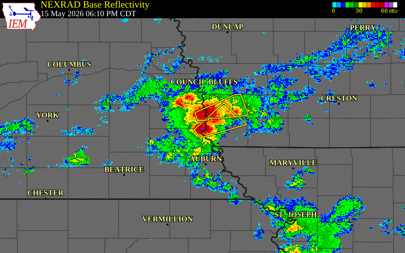 NEXRAD radar during the Friday, May 15, 2026 storm activity in Cass County, Nebraska