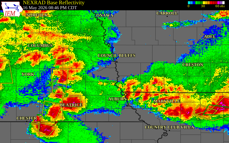 NEXRAD radar during the Saturday, May 16, 2026 storm activity in Cass County, Nebraska