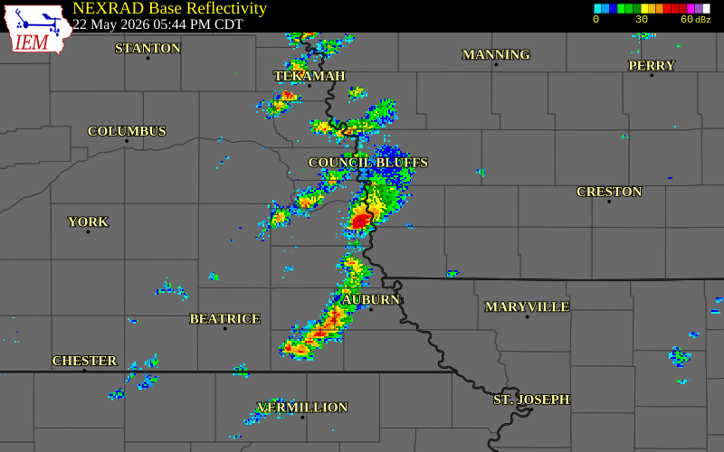 NEXRAD radar during the Friday, May 22, 2026 storm activity in Cass County, Nebraska