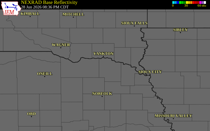 NEXRAD radar during the Sunday, June 28, 2026 storm activity in Cedar County, Nebraska
