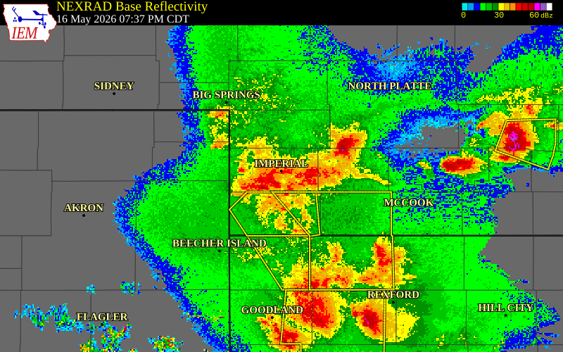 NEXRAD radar during the Saturday, May 16, 2026 storm activity in Chase County, Nebraska