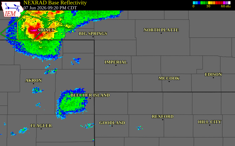 NEXRAD radar during the Sunday, June 7, 2026 storm activity in Chase County, Nebraska