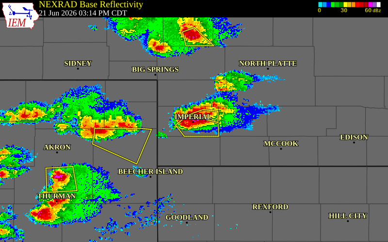 NEXRAD radar during the Sunday, June 21, 2026 storm activity in Chase County, Nebraska