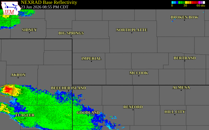 NEXRAD radar during the Tuesday, June 23, 2026 storm activity in Chase County, Nebraska