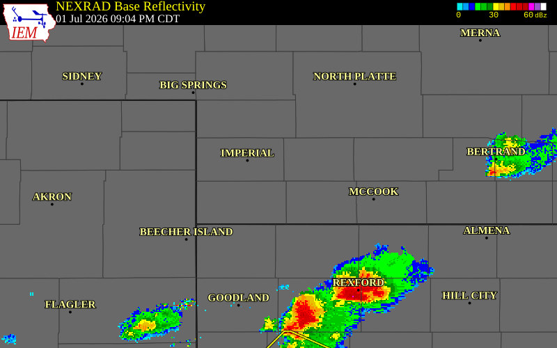NEXRAD radar during the Wednesday, July 1, 2026 storm activity in Chase County, Nebraska