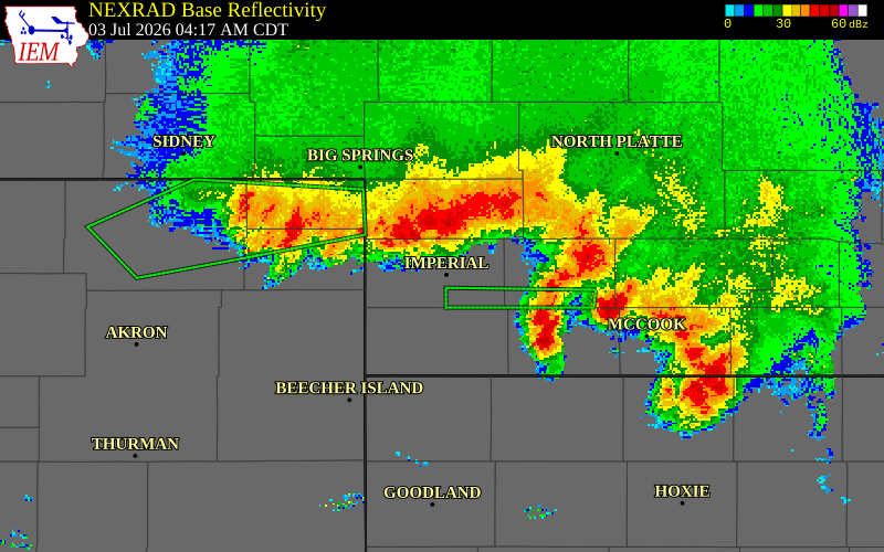 NEXRAD radar during the Friday, July 3, 2026 storm activity in Chase County, Nebraska