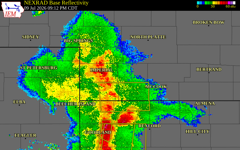 NEXRAD radar during the Thursday, July 9, 2026 storm activity in Chase County, Nebraska