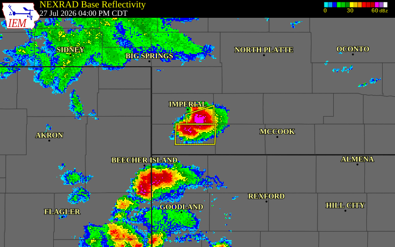 NEXRAD radar during the Monday, July 27, 2026 storm activity in Chase County, Nebraska