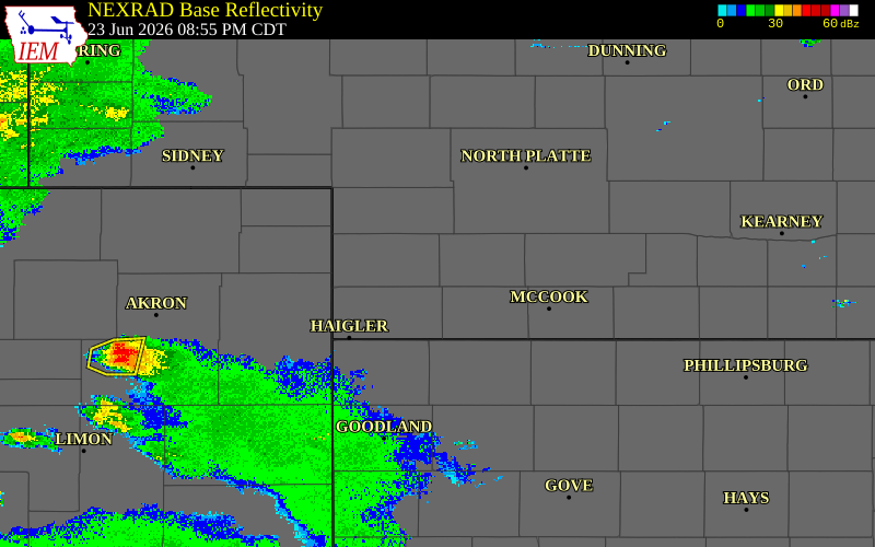 Radar snapshot during the Jun 23, 2026 hail event near 2 NNE Wauneta, Chase County, Nebraska, with NWS warning polygons