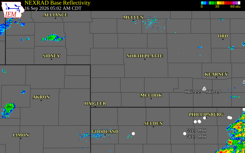 Current NEXRAD radar over Chase County, Nebraska with recent storm report locations