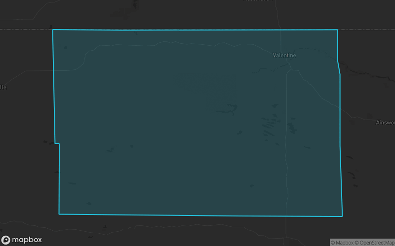 Map of Cherry County, Nebraska showing the county boundary and surrounding cities